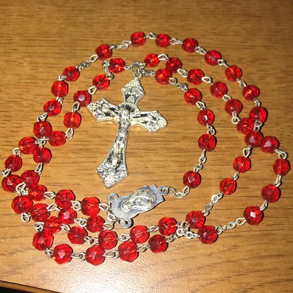 Red glass beaded rosary beads Vintage Autom - Picture 1 of 6